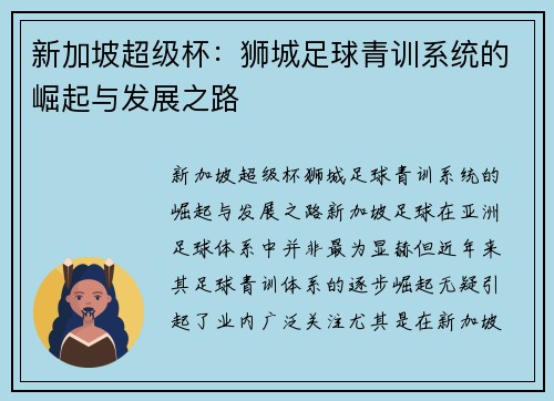 新加坡超级杯：狮城足球青训系统的崛起与发展之路